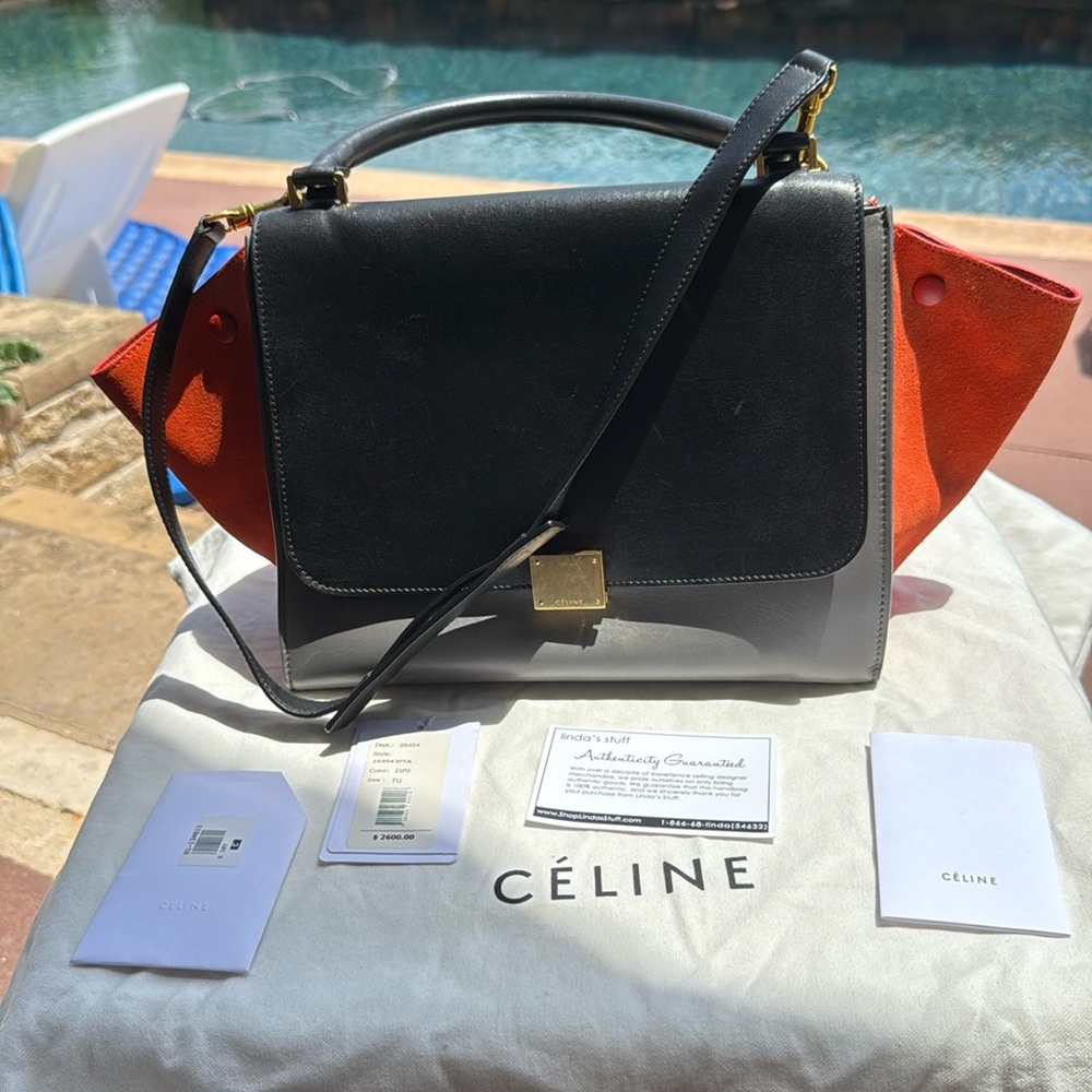 Authentic CELINE tricolor color block swing Trapeze bag purse medium Never Used